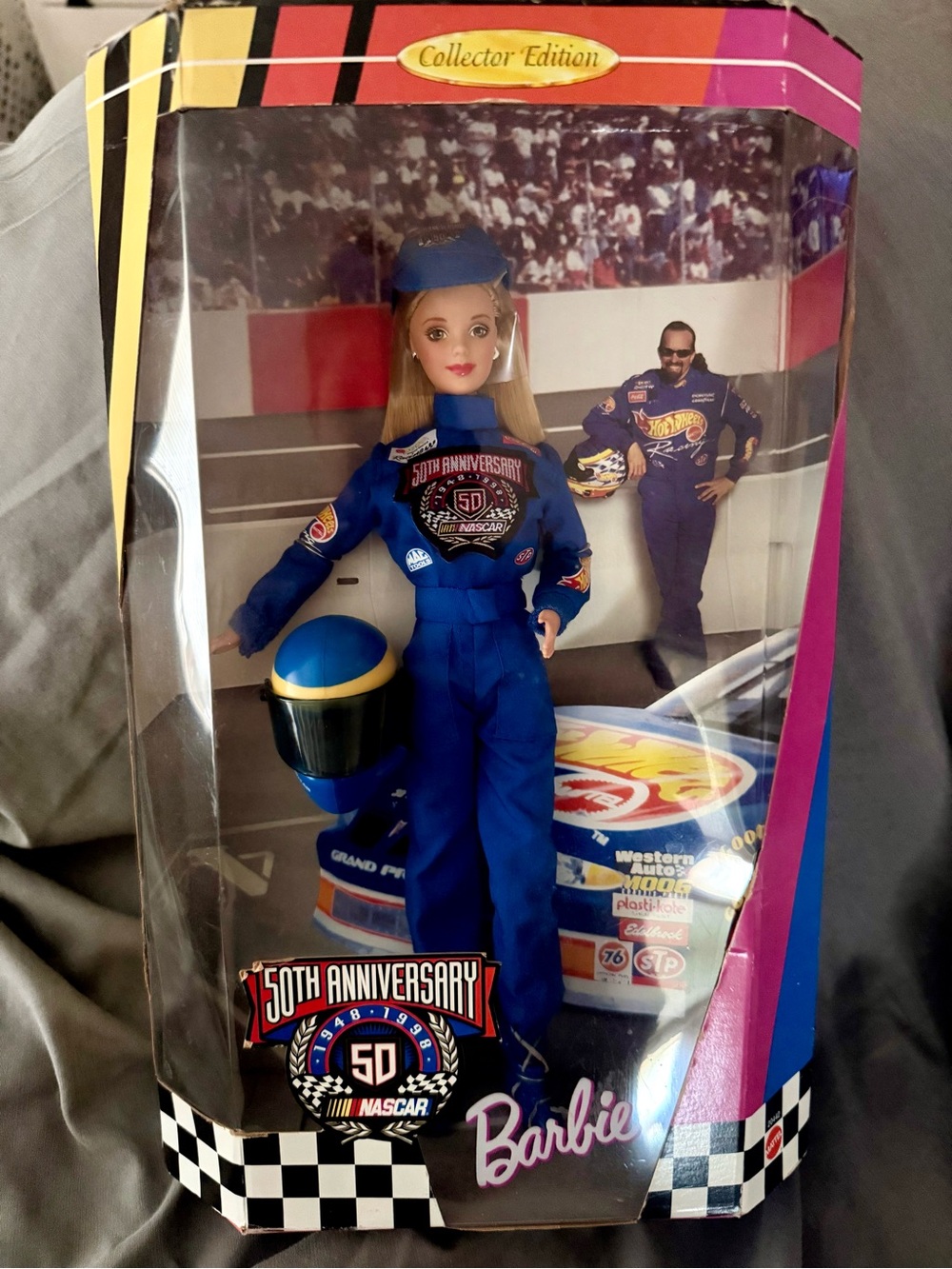 1998 Barbie 50th Anniversary NASCAR Doll in Blue Racing Suit with Yellow Trim
